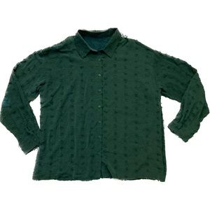 C01 Chiffon Button Up Shirt Swiss Polka Dot Top Dark Green Long Sleeve Sz 2XL
